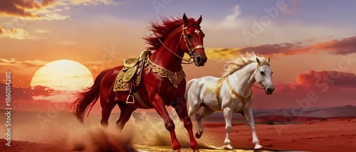 Magnificent red and white horses gallop powerfully through a dust-filled, golden-hued desert at sunset, embodying freedom and spirited adventure