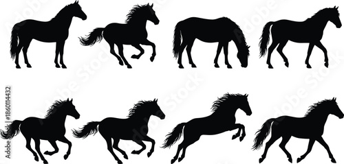Horse silhouette collection, running galloping grazing horses, wild animal poses, black vector illustration set