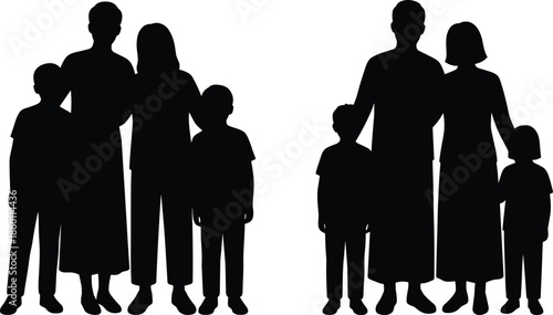 Happy family silhouette standing together, parents with children, family bonding concept, black vector illustration isolated on white