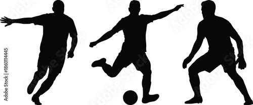 Football player silhouettes action scene, soccer athletes dribbling kicking poses, competitive sports movement, black vector illustration