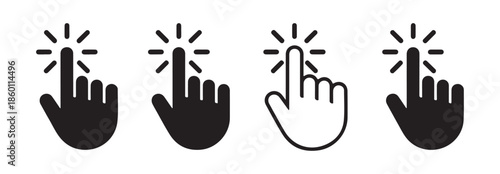 Set of four pointer clicking hand icons with radiating lines in both solid and outline styles