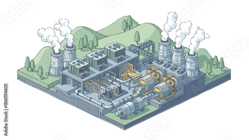 A soft isometric flat vector illustration of a geothermal power plant with steam vents, pipes, and green landscape