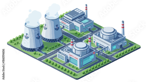 Vector isometric city illustration featuring a 3d urban set with business buildings, houses, and industrial factory plants on a street map design