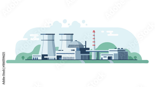 Industrial city skyline illustration featuring a vector icon design of a factory and power station with urban building silhouettes under a clear sky
