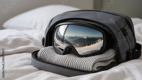 Ski goggles with reflection of snowy mountains resting inside open backpack on gray knitted sweater on white bed, conveying winter travel, alpine resort atmosphere and ski trip preparation