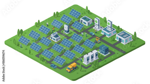 An isometric illustration of a large solar power plant surrounded by green landscape