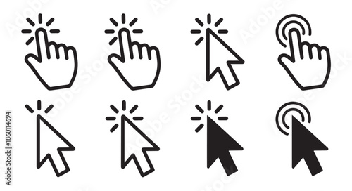 Cursor and hand click icons isolated on white background collection of vector graphic elements