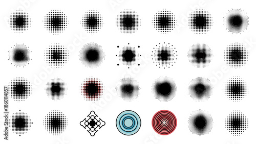 Abstract array of black circular halftone patterns and geometric dot elements, providing unique graphical textures and stylish flair for contemporary design