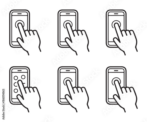 Mobile phone tapping gesture icons collection device interface symbols pointer hand pushing screen