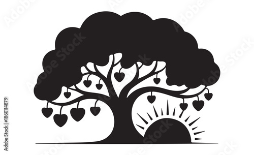 Heart fruit tree with rising sun depicting love nature and harvest concept in silhouette style
