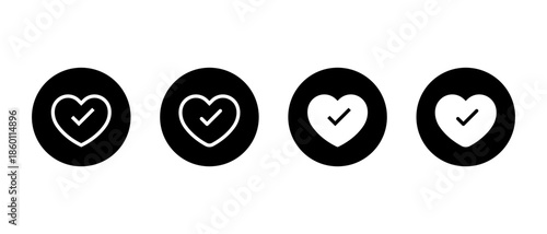 Good health, healthy icon set in black circle. Heart with check mark symbol. Love with checkmark sign