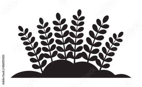 Black silhouette of dense lush green foliage growing up from rich dark soil mound illustration