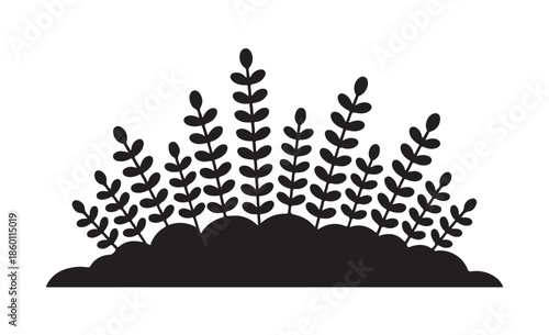 Stylized dense vegetation sprout silhouette showing many upward growing leafy stems from dark earth