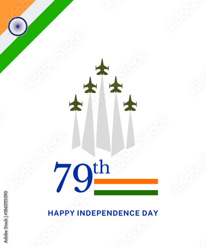 Commemorative graphic design celebrating the 79th anniversary of Indian Independence Day featuring a striking aerial jet formation and national flag elements.