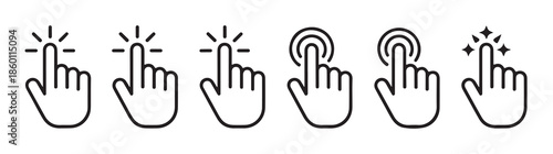 Five simple line art icons illustrating hand pointing and touching digital screen with subtle press indication effects