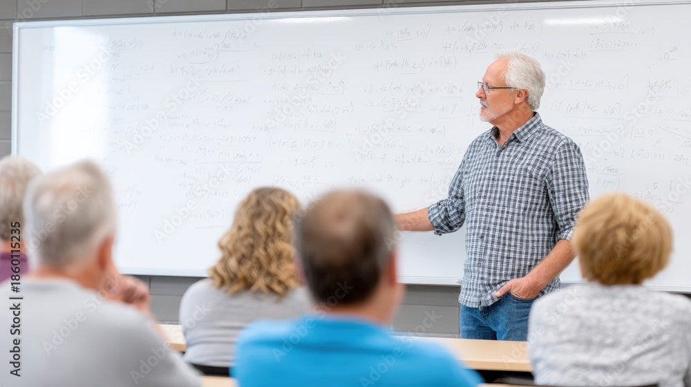 Obraz premium Senior man in checkered shirt teaching adult learners in classroom, engaging with students, demonstrating effective teaching methods in a collaborative learning environment
