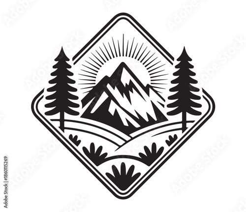 Mountain landscape badge design with pine trees and rising sun within diamond frame vector outline