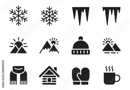 Winter season icon set with snowflake icicle beanie mountain cabin mittens scarf and warm mug symbols