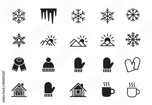 Comprehensive winter icons collection featuring snowflakes mountains cabins mittens and warm beverages