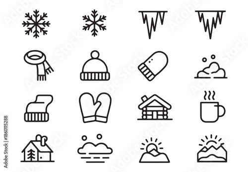 Winter weather elements and outdoor clothing collection with cozy cabin and hot drink