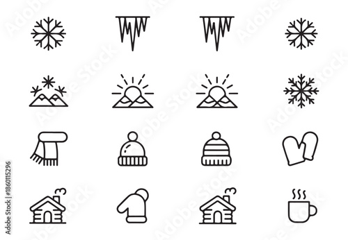 Winter and mountain themed icons set with snow, sun, clothing and warm objects