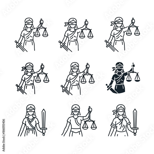 Stylized Lady Justice Icons Collection Embodying Legal Concepts, Equity, and Balanced Fairness