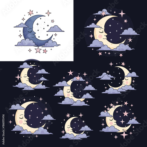 Whimsical Sleeping Moon Faces and Stars Sweet Dreams Night Sky Graphic Collection