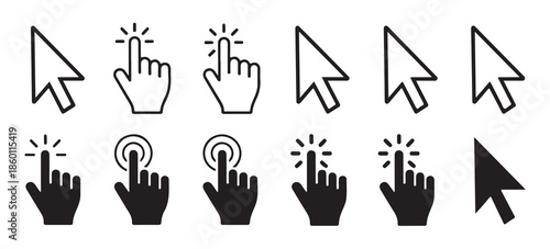 Cursor pointer icons set hand and arrow symbols for click action