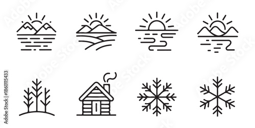Eight thin line icons depicting diverse natural elements including landscape sunrise cabin and frost design