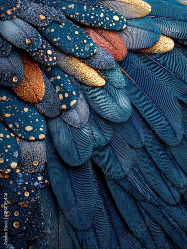 Blue and Gold Exotic Bird Feathers Closeup