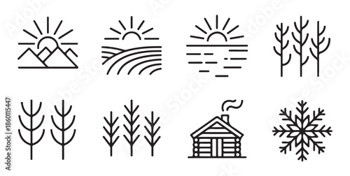 Set of eight minimalist line art symbols showing trees landscapes sunrises cabin outline and crystal snowflake shapes