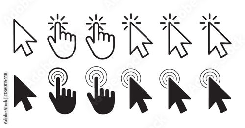 Mouse and hand pointer clicking icon set. cursor arrows vector solid and outline flat design