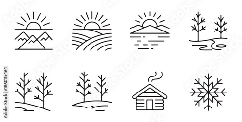 Eight linear nature icons displaying mountains sunsets water scenes bare trees log cabin structure and detailed snowflakes