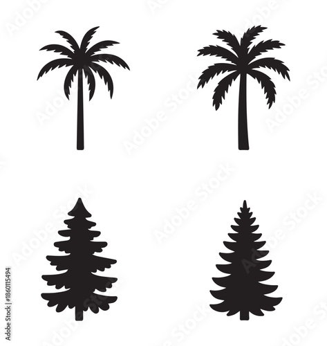 Assorted tree silhouettes including pine and palm varieties for diverse landscape mapping and icons