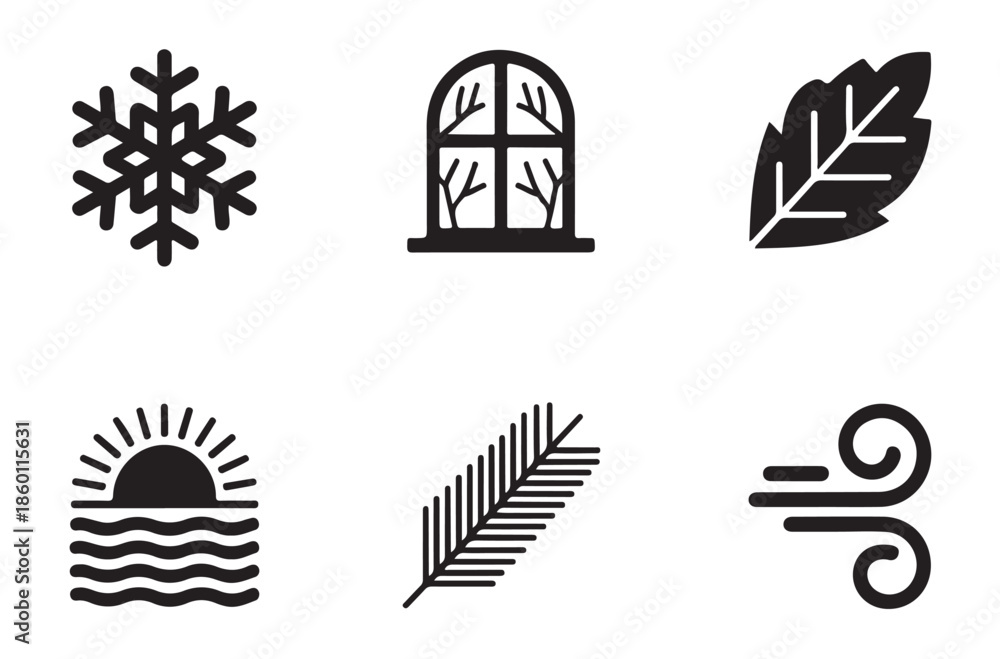 Fototapeta premium Monochrome vector glyph icons set representing different weather conditions and seasonal natural elements nature.