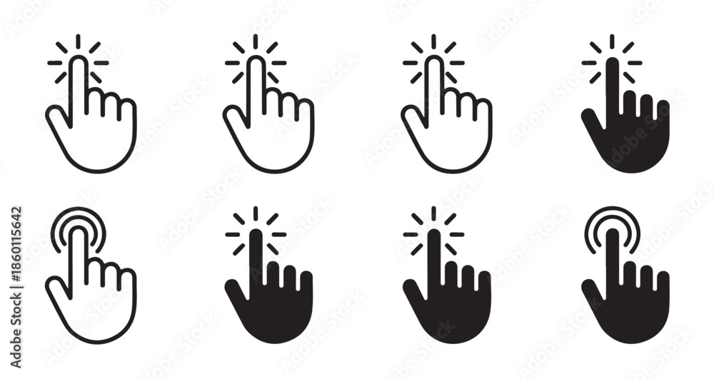 Fototapeta premium Collection of eight different style hand cursors indicating tap or click action on digital devices