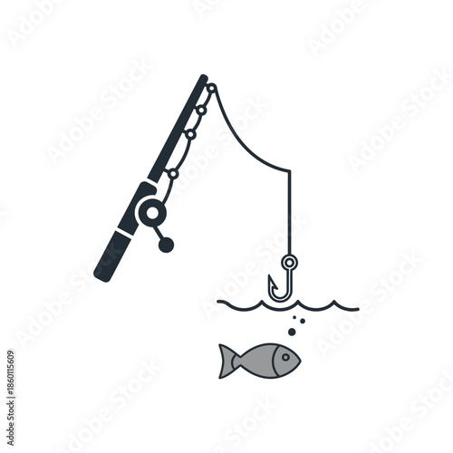 Minimalist vector illustration depicting a fishing rod with a baited hook attracting a fish, symbolizing angling success and patience