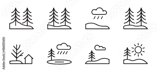 Winter forest and natural landscape collection with cabin bare trees snow and rain line art icons set graphic.