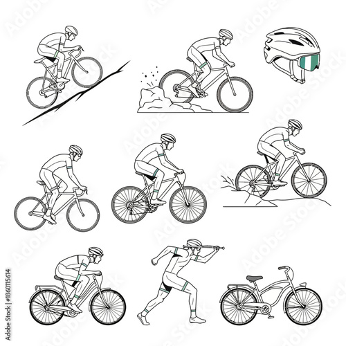 Comprehensive Set of Cyclists and Biking Scenarios in Line Art Illustrations