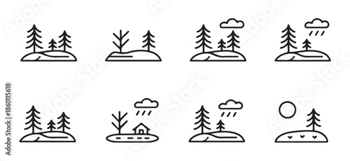 Collection of simple weather and landscape icons showing changing seasons forest hills rain snow sun outdoor.