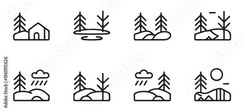 collection of outdoor nature scenes with trees hills and weather elements for seasonal backgrounds.