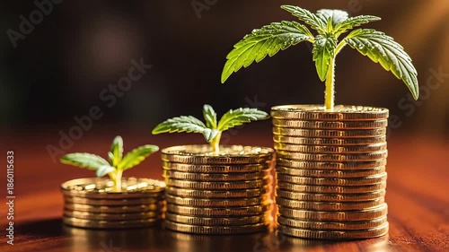 Three progressively taller stacks of shiny gold coins with vibrant green seedlings sprouting from their tops symbolizing robust financial growth strategic investment diligent savings and the prospero.