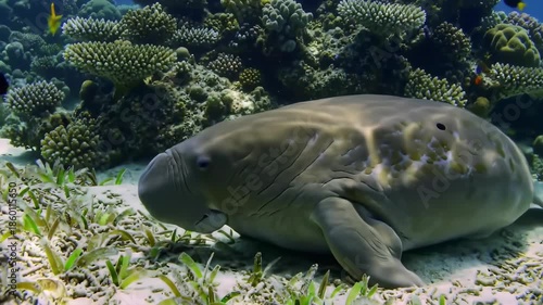 Dugong Grazing on Seagrass in the Red Sea A Gentle Giant Underwater Surrounded by Vibrant Coral Reefs and Schools of Colorful Fish in Clear Blue Water.