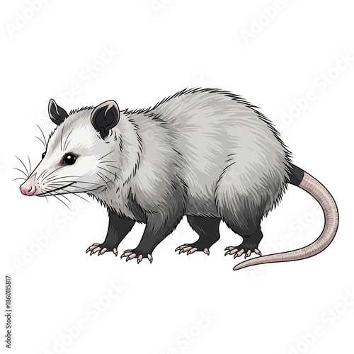 An opossum standing in a serene environment viewed from the side