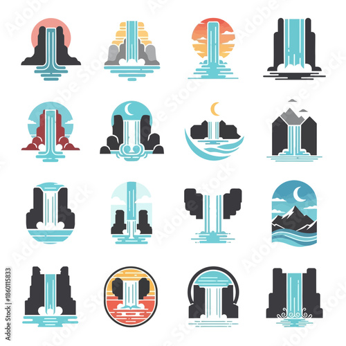 Dynamic Cascade A collection of vibrant vector waterfall icons capturing nature's majestic flow