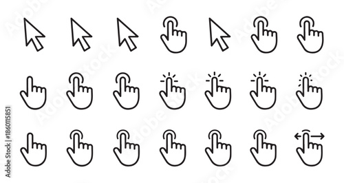 Set of various interaction icons including cursor arrow touch gesture and multi directional drag movements