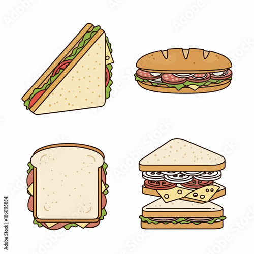Assorted sandwiches illustrated from different viewpoints showcasing layers and ingredients