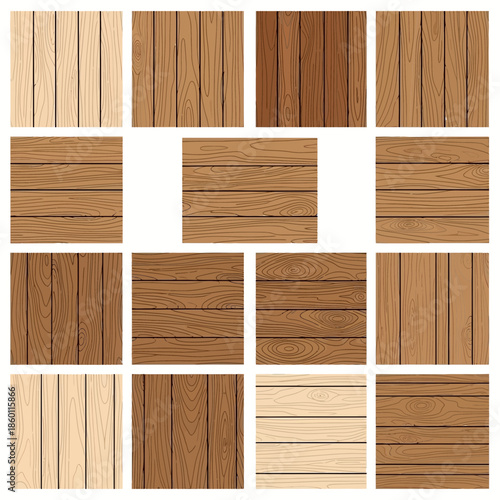 A collage of various wooden textures and patterns displayed on a clean white background