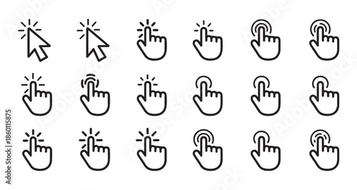 Grouping of stylized hand touch icons illustrating single tap click and ripple effects for selection input