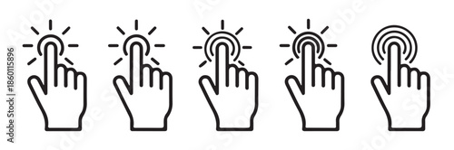 Group of simple outline vector icons showing different styles of mouse cursor and finger press confirmation effects
